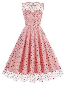 Pink Semi Mesh Sweet Heart Embroidered Sleeveless 50S Swing Dress Jolly Vintage Pink Semi Mesh Sweet Heart Embroidered Sleeveless 50S Swing Dress Jolly Vintage