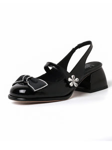 Women's  Round Toe Bow Chunky Heel Sandals Leather Vintage Shoes