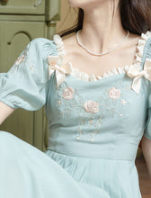 Load image into Gallery viewer, Baby Blue Cotton Fabric with Rose Embroidery Vintage Lace Dress