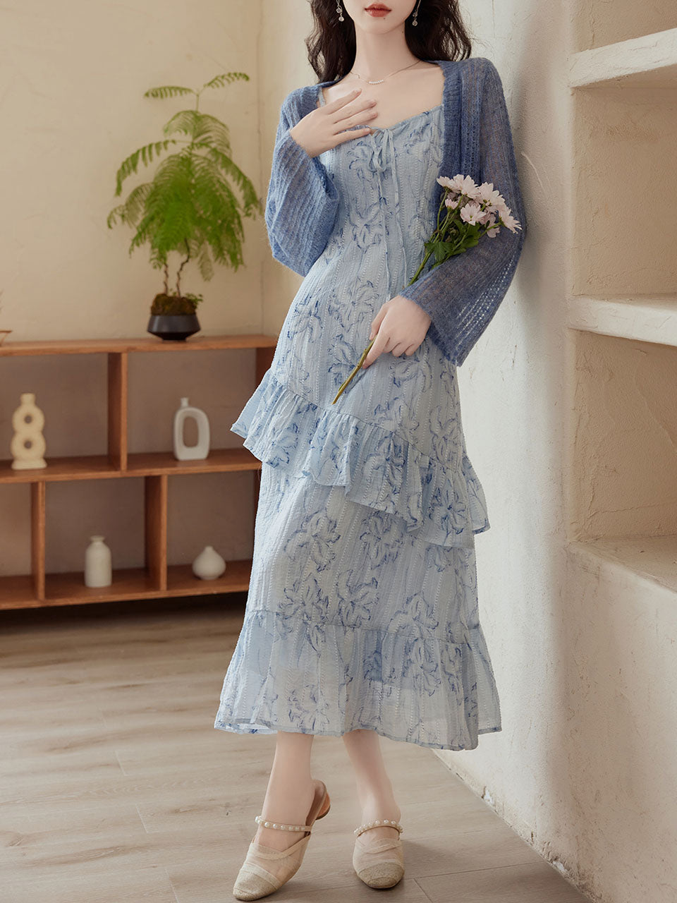 2PS Blue Floral Print Spaghetti Strap Dress With Blue Shawl Dress Suit, Blue / S