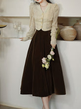 Load image into Gallery viewer, White Lace V Neck Top and Brown Velvet Swing Skirt Dress Set