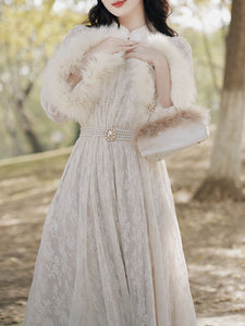 Apricot Lace Fur Sleeve 1950S Vintage Dress With Pearl Belt