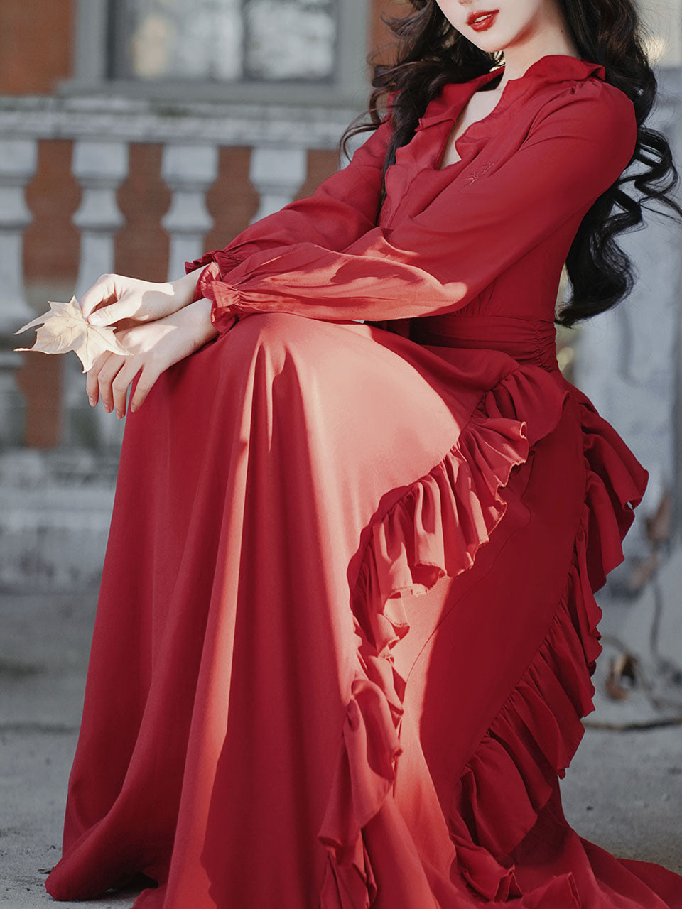 Red Rose V Neck Ruffles Long Sleeve Princess 1950S Vintage Dress Jolly Vintage Red Rose V Neck Ruffles Long Sleeve Princess 1950S Vintage Dress Jolly Vintage