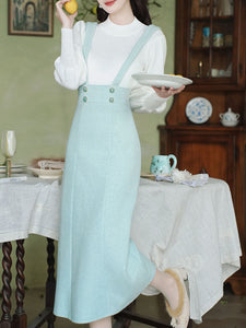 2PS Green Long Sleeve Warm Coat With Suspender Skirt Vintage Suit