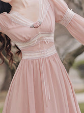 Load image into Gallery viewer, Pink Rose Girl Retro Lace V-neck Chiffon Long Lantern Sleeve Coquette Dress