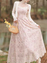 Load image into Gallery viewer, 2PS Pink Embroidered lace Spaghetti Strap Dress With White Shawl Dress Suit