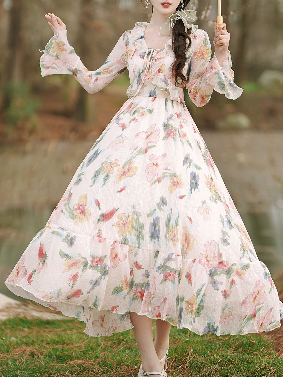 1950s White Ruffles V Neck Floral Print Swing Dress for Women, White / S