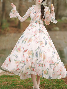1950S White Ruffles V Neck Floral Print Swing Dress For Women