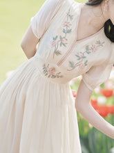 Load image into Gallery viewer, White V Neck Short Embroidered Puff Sleeve 1950S Vintage Dress