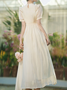 White Ruffles Collar Embroidered Puff Sleeve 1950S Vintage Dress
