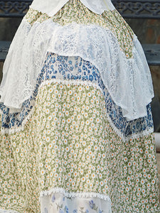 1950S Vintage White Lace Top and Flowers Print Swing Skirt Vintage Cottagecore Outfits