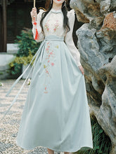 Load image into Gallery viewer, 2PS Blue Stand Collar Embroidered Top and White Horse-face Skirt Vintage Suits