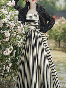 1950S Hepburn Style Black and White Stripe Swing Dress For Women