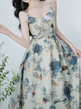 Load image into Gallery viewer, 2PS Blue Floral Print Spaghetti Strap 1950S Vintage Dress With Long Sleeve Cardigan
