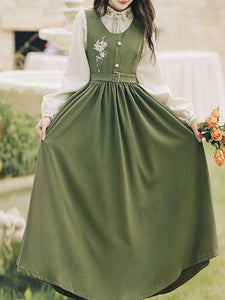 2PS Embroidered Stand Collar Vintage Fall Shirt Set Dress