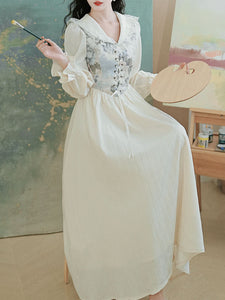 White V Neck Printed Long Sleeve Corset Vintage Dress