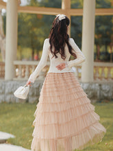 Load image into Gallery viewer, 2PS White V Neck Knitted Sweater and Swing Mesh Fairy Skirt Dress Set