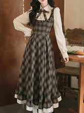 Load image into Gallery viewer, Brown Plaid Fake Two-Piece Long Sleeve Vintage Dress