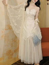 Load image into Gallery viewer, White Jacquard Acetate Spaghetti Strap with Tulle Wedding Maxi Dress and Butterfly Cardigan