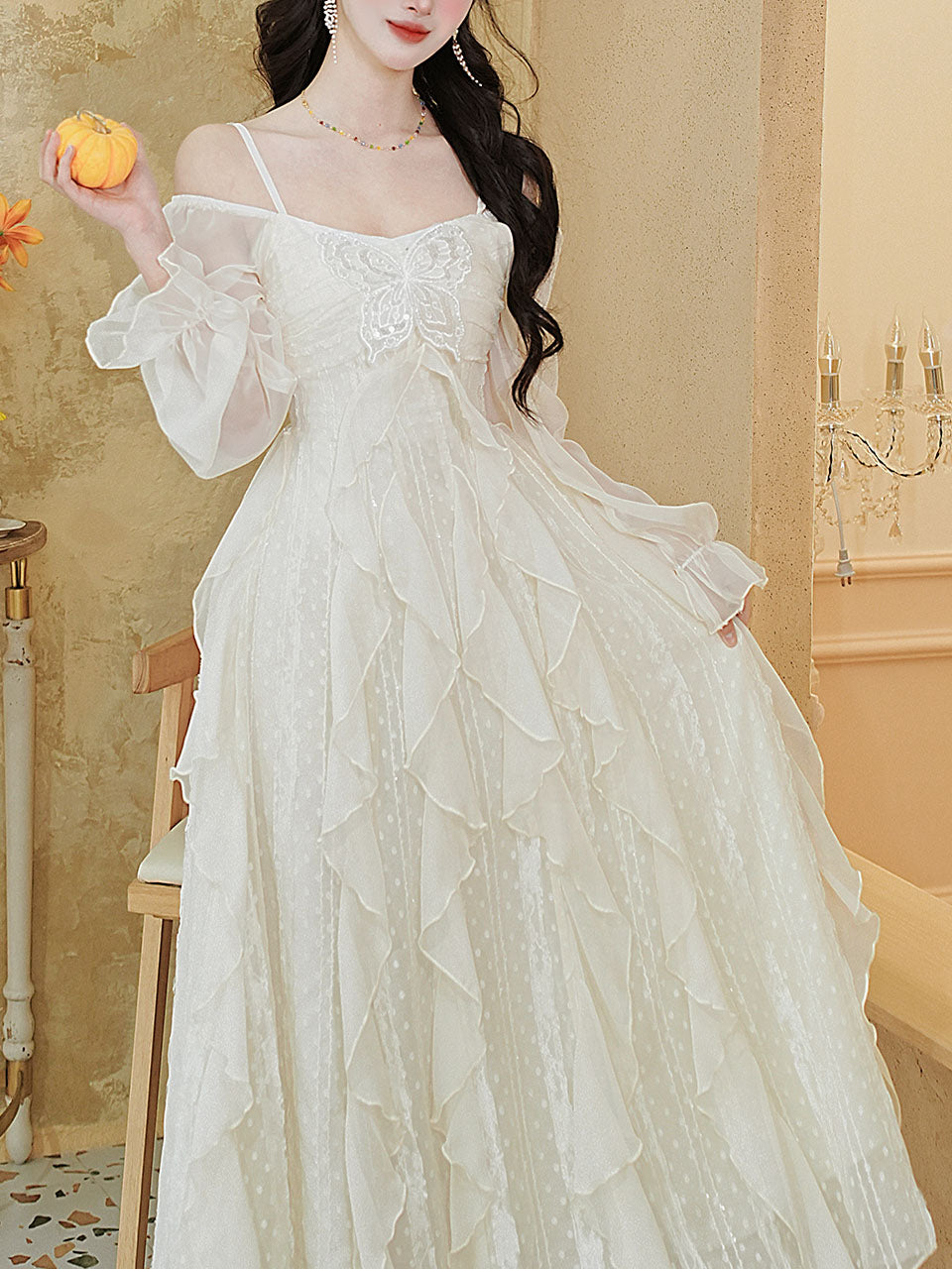 Vintage White Square Neck Butterfly Sequins Lace Ruffle Long Sleeve Dress White / XS Vintage White Square Neck Butterfly Sequins Lace Ruffle Long Sleeve Dress White / XS