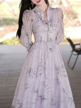 Load image into Gallery viewer, Purple Stand Collar Puff Long Sleeve Vintage Dress