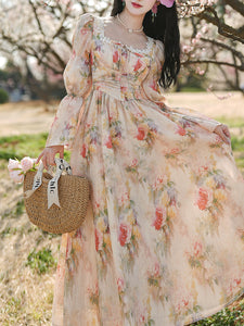 Pink Square Collar Floral Lace Ruffles Edwardian Revival Vintage Dress