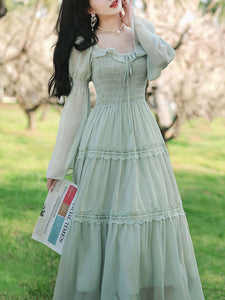 Green Square Collar Lace Ruffles Edwardian Revival Vintage Dress