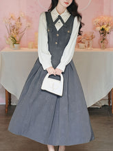 Load image into Gallery viewer, Grey Classic Shirt with Bow Tie and Gray V-Neck Rose Flower Jumper Fake Two-Piece Dress