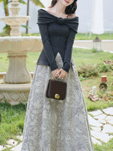 Load image into Gallery viewer, Gray Off Shoulder Slit Knit Top and Floral Jacquard Maxi Skirt Set