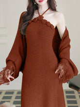 Load image into Gallery viewer, Vintage 1950s Green Knit Handmade Rose Collar Halter Dress Set Matching Shawl