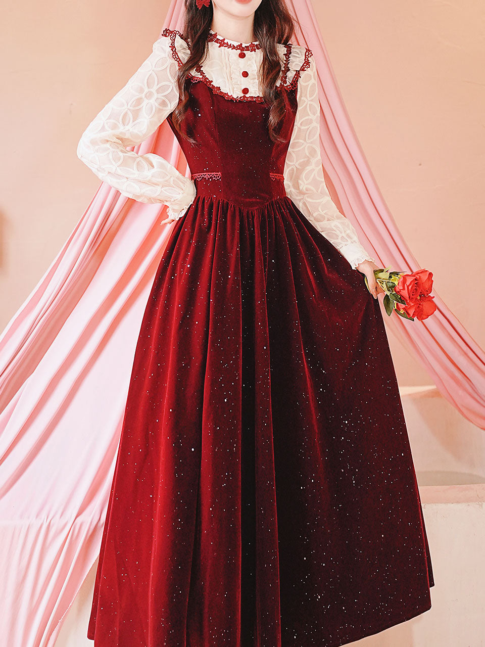 50s Retro Christmas Red Lace with Sequin Velvet Vintage Dress Red / S