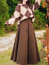 Load image into Gallery viewer, 2PS Vintage Brown and White Argyle Sweater and Brown Swing Skirt Vintage Audrey Hepburn&#39;s Style Outfits