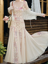 Load image into Gallery viewer, Pink Floral Print Spaghetti Strap Fishtail Flared Vintage Maxi Dress