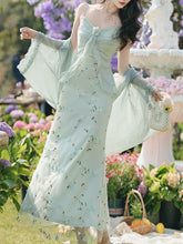 Load image into Gallery viewer, 2PS Green Floral Printed Spaghetti Strap Vintage Dress With Cardigan Suit