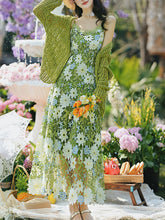 Load image into Gallery viewer, 2PS Green Floral Lace Dress with Green Knit Mesh Cardigan