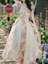 Load image into Gallery viewer, Printed Tulle Puff Sleeve Ruffled Hem Princess Party Dress for Girls Women