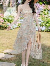 Load image into Gallery viewer, 2PS Apricot Floral Printed Spaghetti Strap High-low Ruffled Hem Vintage Dress With Cardigan Suit