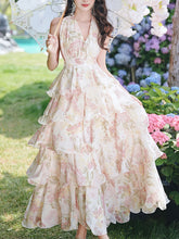 Load image into Gallery viewer, Pink Floral Print Halter Neck Backless Vintage Dress