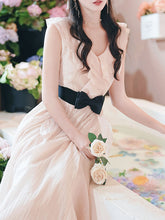 Load image into Gallery viewer, Pink Flowy Ruffle V-Neck Dress with Black Bow Belt