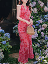 Load image into Gallery viewer, Red Rose Floral Halter Wrap Maxi Dress with High Slit
