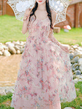 Load image into Gallery viewer, 2PS Pink Ruffles Floral Printed Spaghetti Strap Vintage Dress With Cardigan Suit