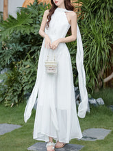 Load image into Gallery viewer, Audrey Hepburn style White Halter Neck Muse Maxi Dress with Long Flowing Scarf