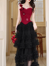 Load image into Gallery viewer, Gothic Red Corset Tiered Tulle Maxi Dress  Rose Asymmetric Ruffle Dark Romantic Party Gown