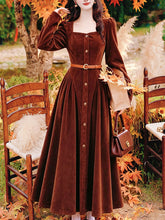 Load image into Gallery viewer, Vintage Brown Velvet Square Neck Puff Sleeve Button-Down Midi Dress