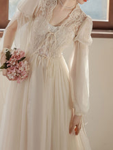 Load image into Gallery viewer, Apricot Lace Lantern Sleeves Romantic Wedding Dress with Tail Inspired By Sleeping Beauty