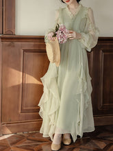 Load image into Gallery viewer, Mint Green Ruffled V-neck Flowing Long-sleeved Romantic Retro Tea Dress