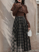 Load image into Gallery viewer, 3PS Brown Bow Knitted Sweater Top Cape With Plaid Skirt Vintage 1950s Suits