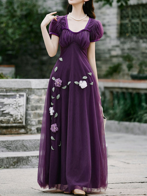 Purple Flower Romantic Ruffle Long Sleeve Vintage Maxi Dress Prom Dress