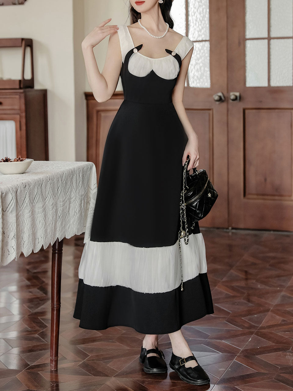 Black and White Pleated Vintage Elegant Swing Dress, Black / M Black and White Pleated Vintage Elegant Swing Dress, Black / M
