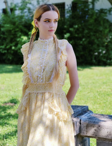 Yellow Floral Print Fuffles Vintage Princess Chiffon Maxi Dress